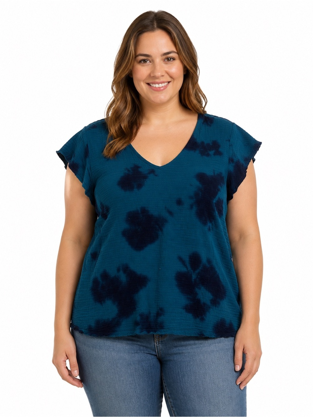 Time and Tru Teal Short-Sleeve V-Neck Top with Dark Teal Tie-Dye